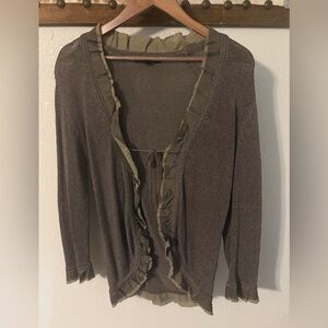 Boden Olive Brown Ruffle Cardigan